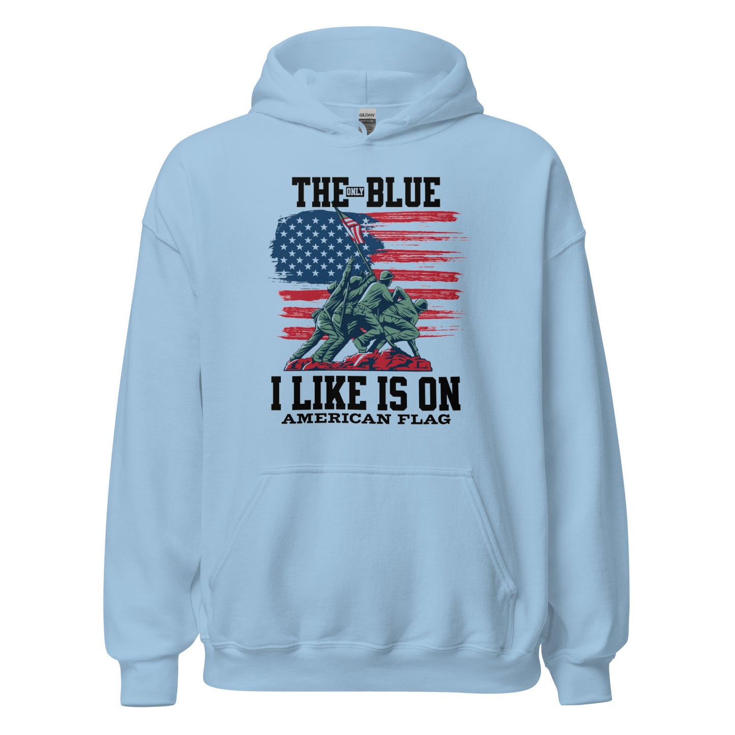 "THE ONLY BLUE I LIKE IS ON AMERICAN FLAG" BLACK VERS UNISEX HOODIE