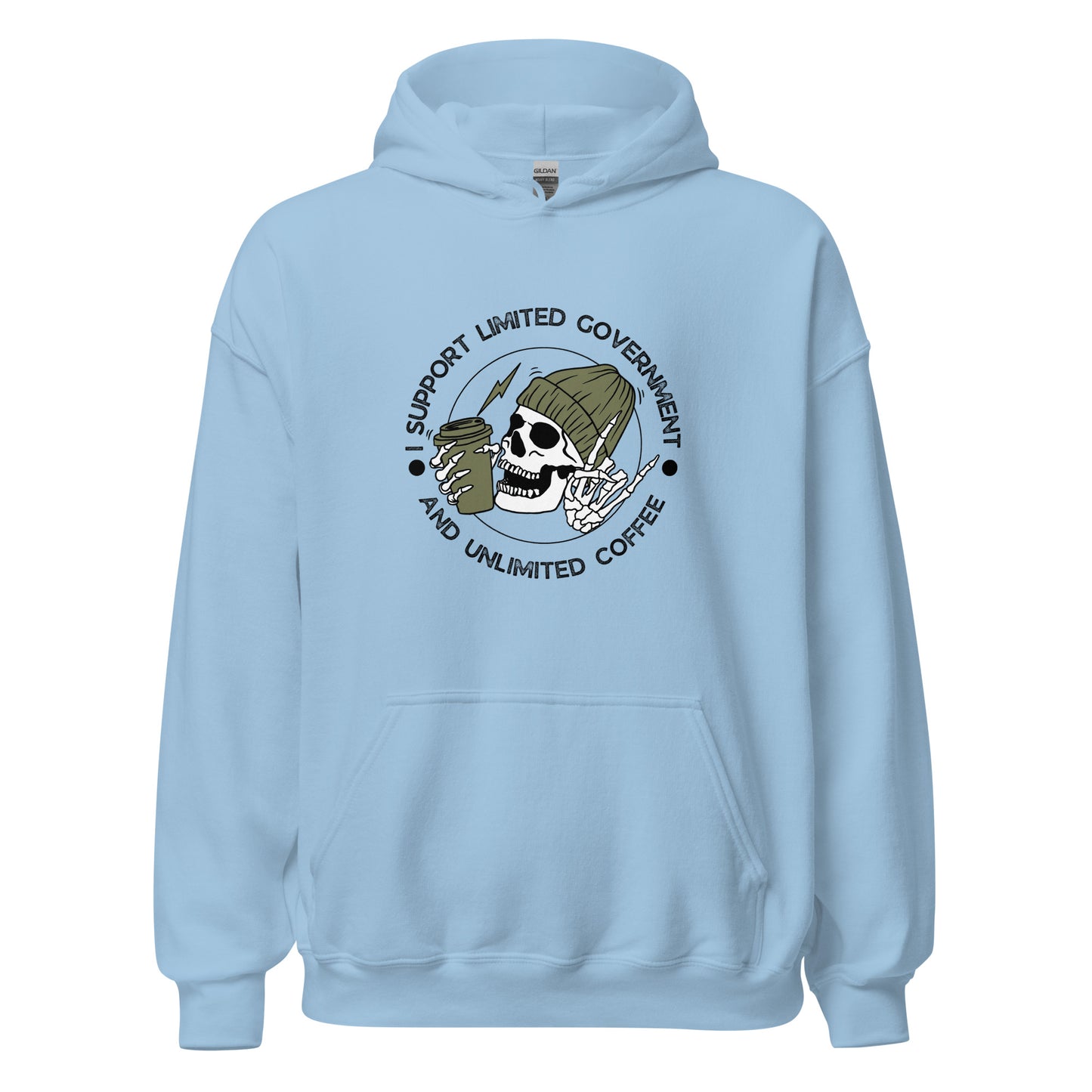 "I SUPPORT LIMITED GOVERNMENT AND UNLIMITED COFFEE" BLACK VERS.- UNISEX HOODIE