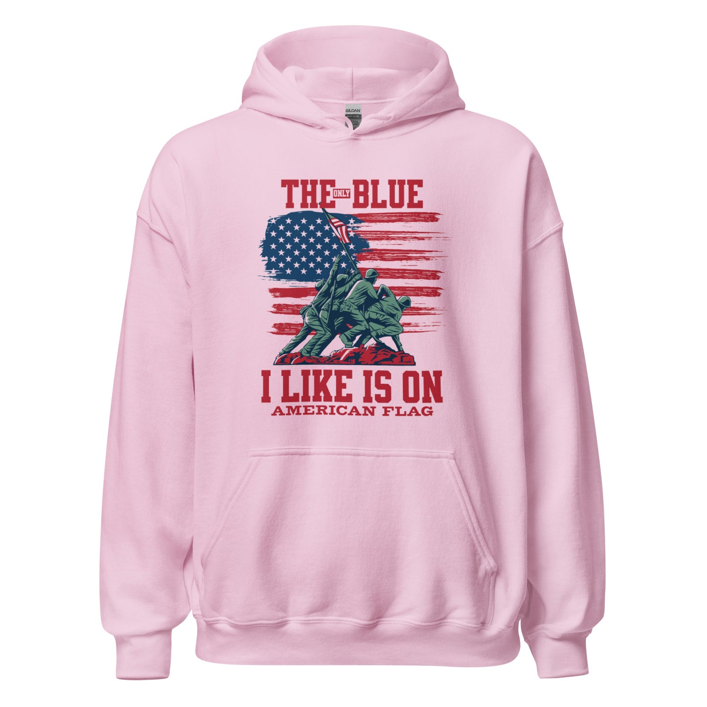 "THE ONLY BLUE I LIKE IS ON AMERICAN FLAG" RED VERS UNISEX HOODIE