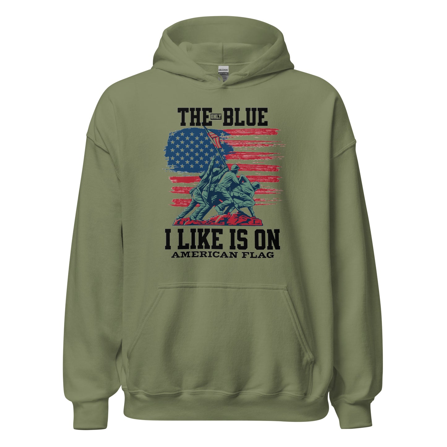 "THE ONLY BLUE I LIKE IS ON AMERICAN FLAG" BLACK VERS UNISEX HOODIE