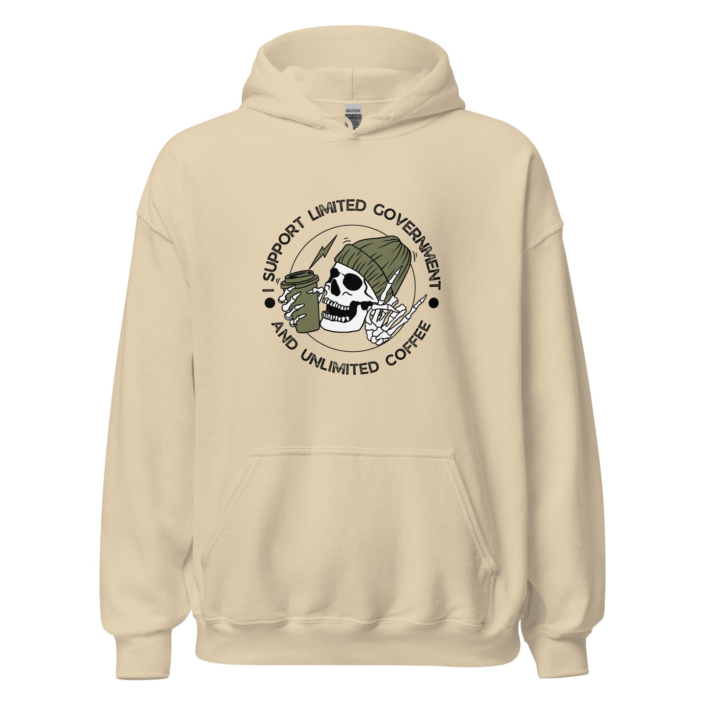 "I SUPPORT LIMITED GOVERNMENT AND UNLIMITED COFFEE" BLACK VERS.- UNISEX HOODIE