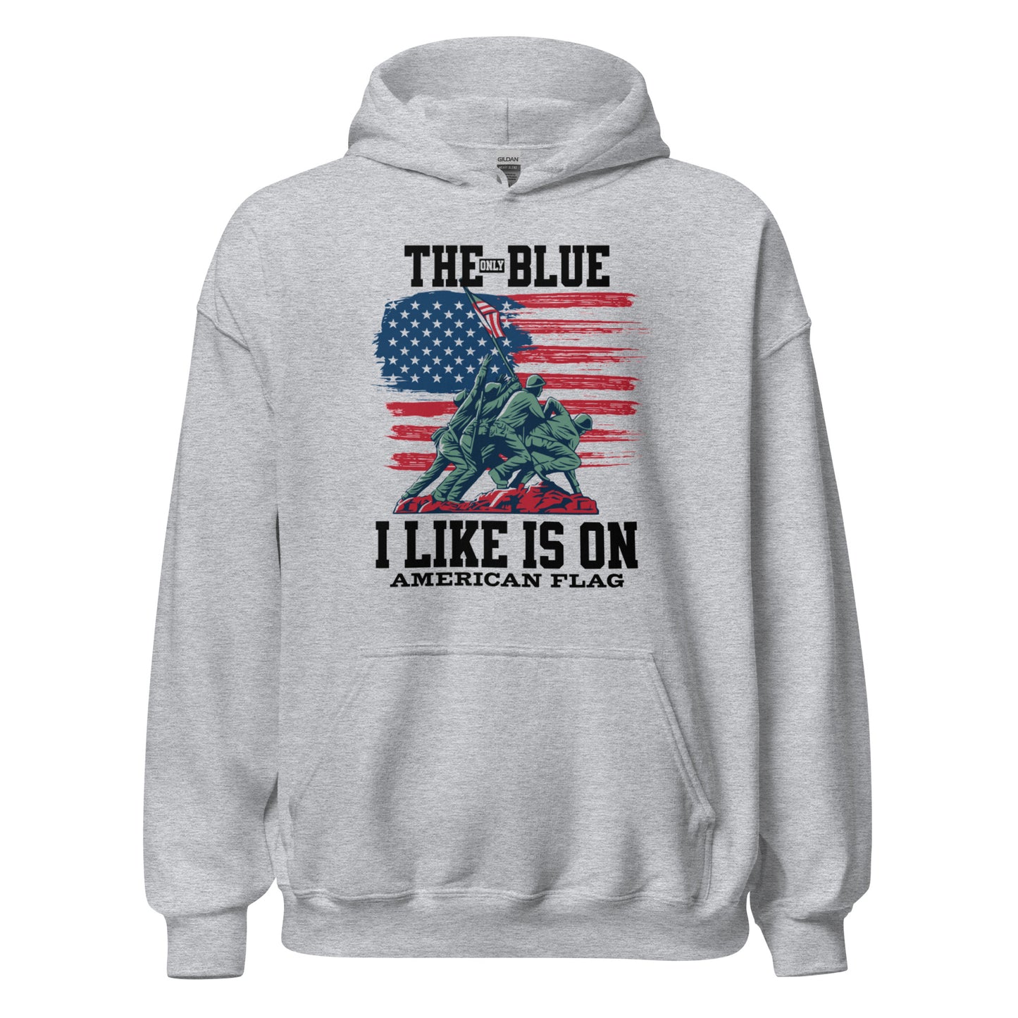 "THE ONLY BLUE I LIKE IS ON AMERICAN FLAG" BLACK VERS UNISEX HOODIE