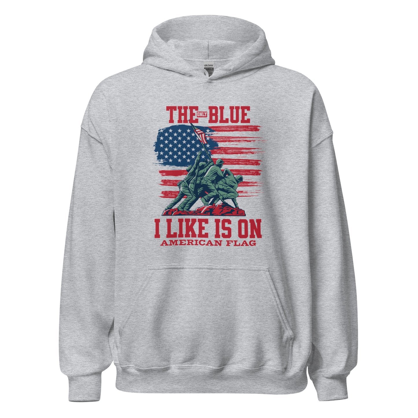 "THE ONLY BLUE I LIKE IS ON AMERICAN FLAG" RED VERS UNISEX HOODIE