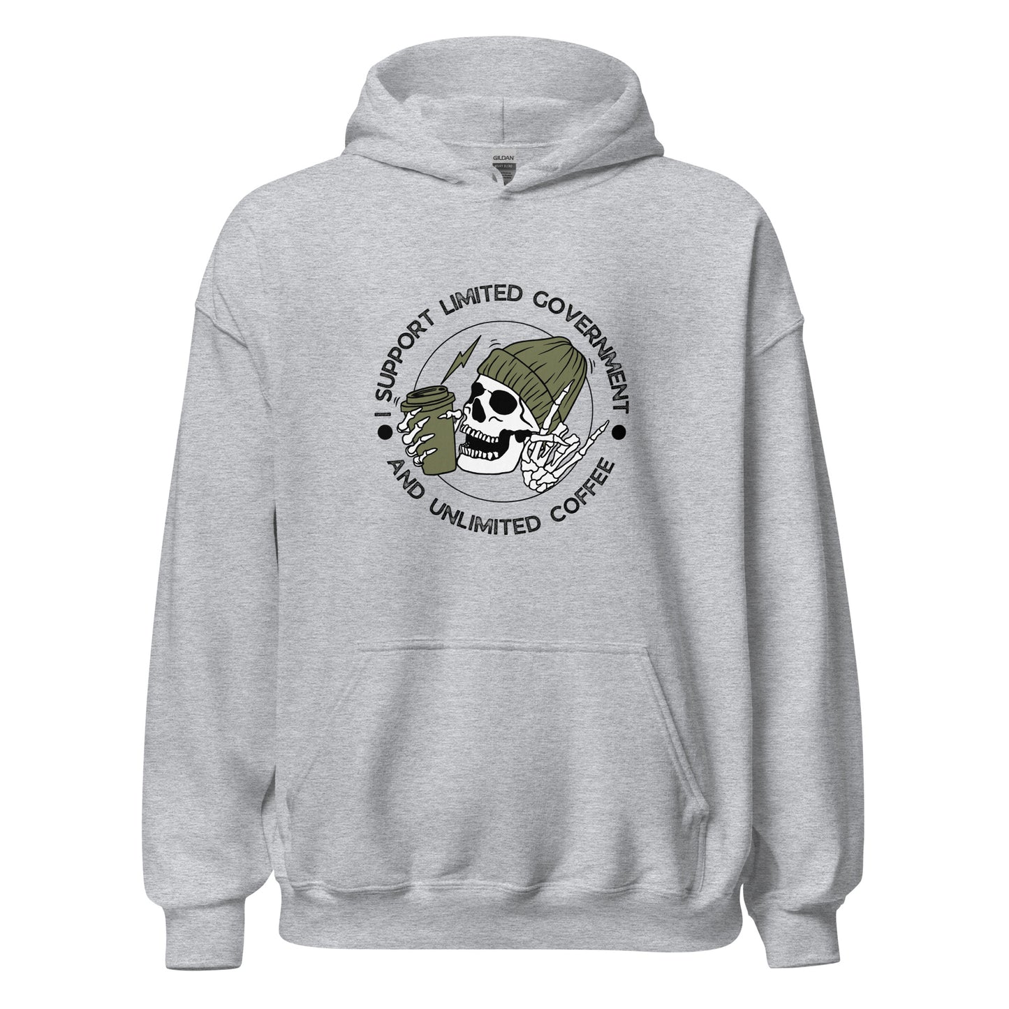 "I SUPPORT LIMITED GOVERNMENT AND UNLIMITED COFFEE" BLACK VERS.- UNISEX HOODIE