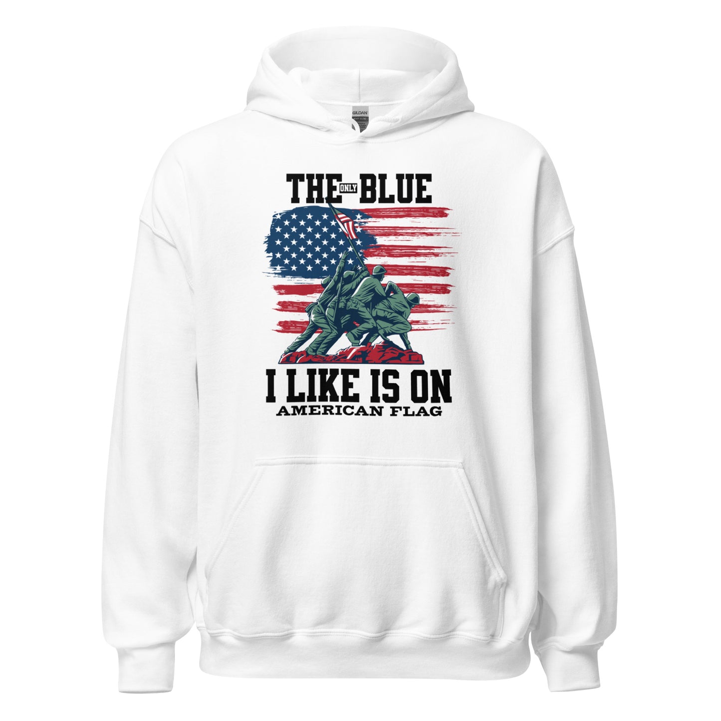 "THE ONLY BLUE I LIKE IS ON AMERICAN FLAG" BLACK VERS UNISEX HOODIE