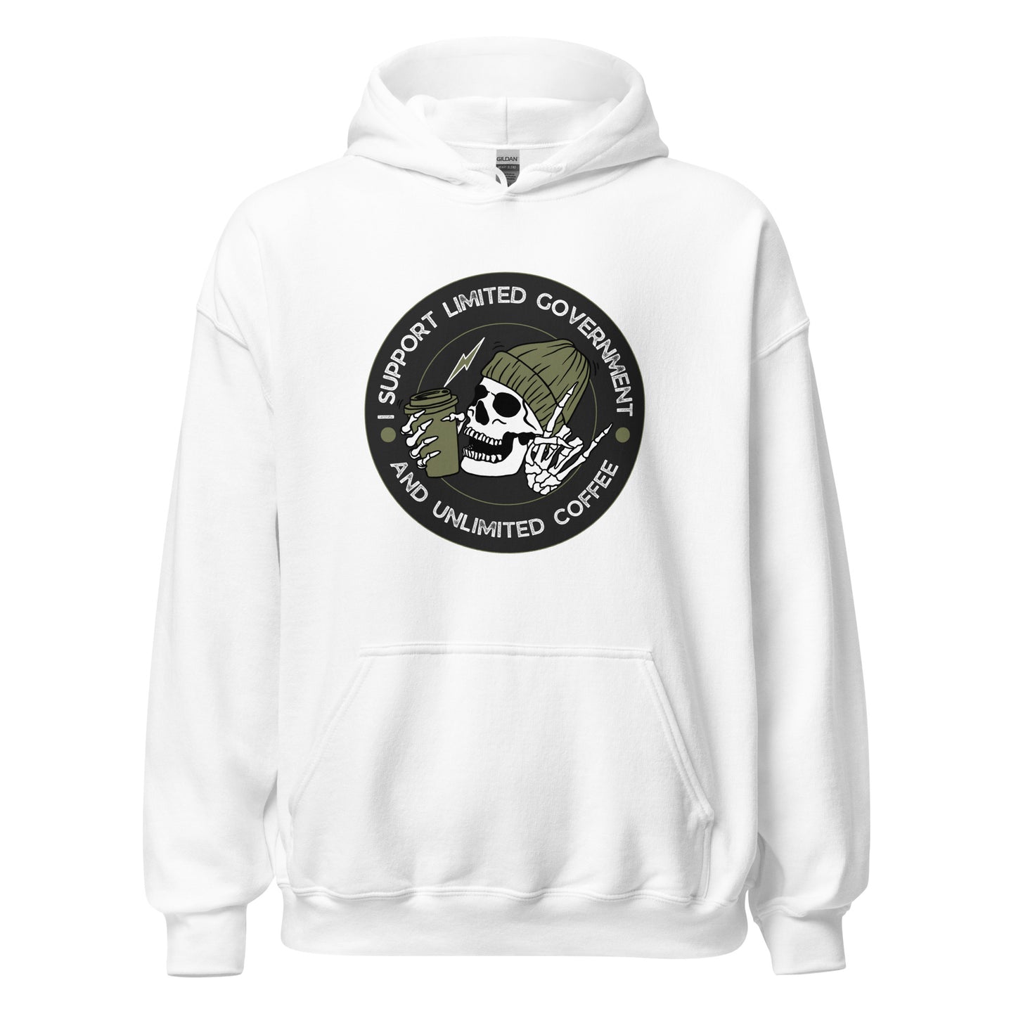 "I SUPPORT LIMITED GOVERNMENT AND UNLIMITED COFFEE" WHITE/BLACK VERS.- UNISEX HOODIE