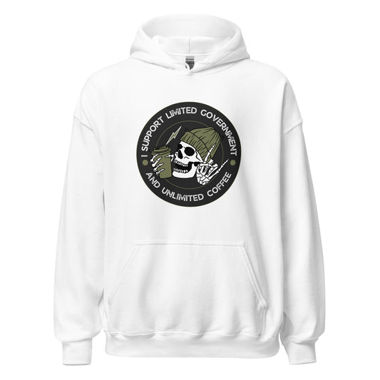 "I SUPPORT LIMITED GOVERNMENT AND UNLIMITED COFFEE" WHITE/BLACK VERS.- UNISEX HOODIE