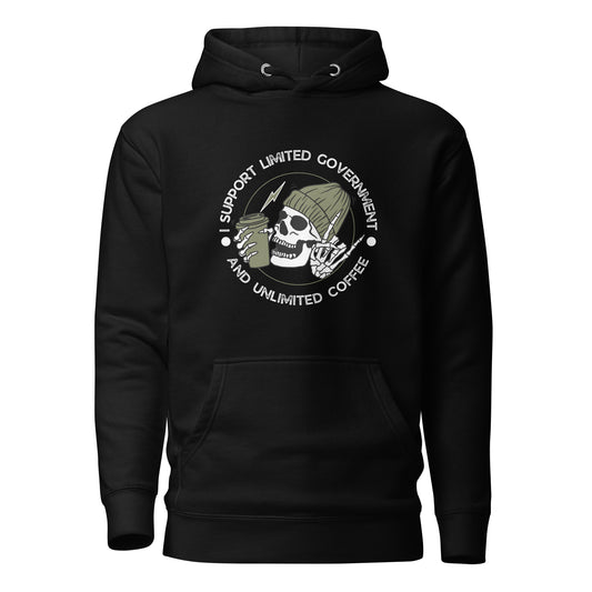 "I SUPPORT LIMITED GOVERNMENT AND UNLIMITED COFFEE" WHITE VERS.- UNISEX HOODIE